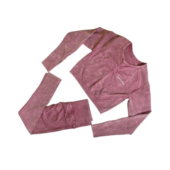 Pink Acid Wash Seamless Crop Top & Scrunch Butt Leggings Set Large Yoga Gym Sexy - Picture 1 of 8